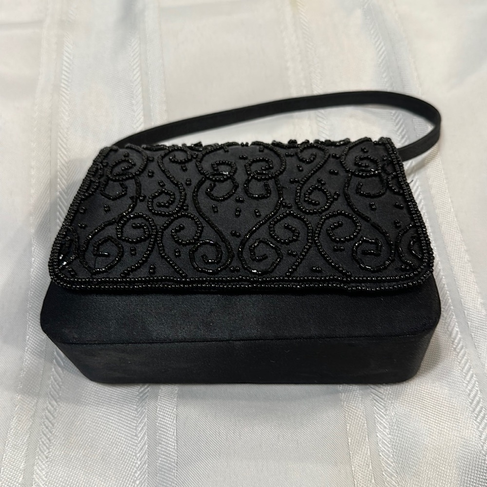 Small Black Satin Beaded Evening Bag